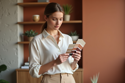 Femme choisissant des échantillons de peinture dans un salon moderne