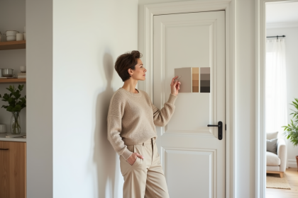 Femme choisissant un échantillon de peinture dans un salon lumineux