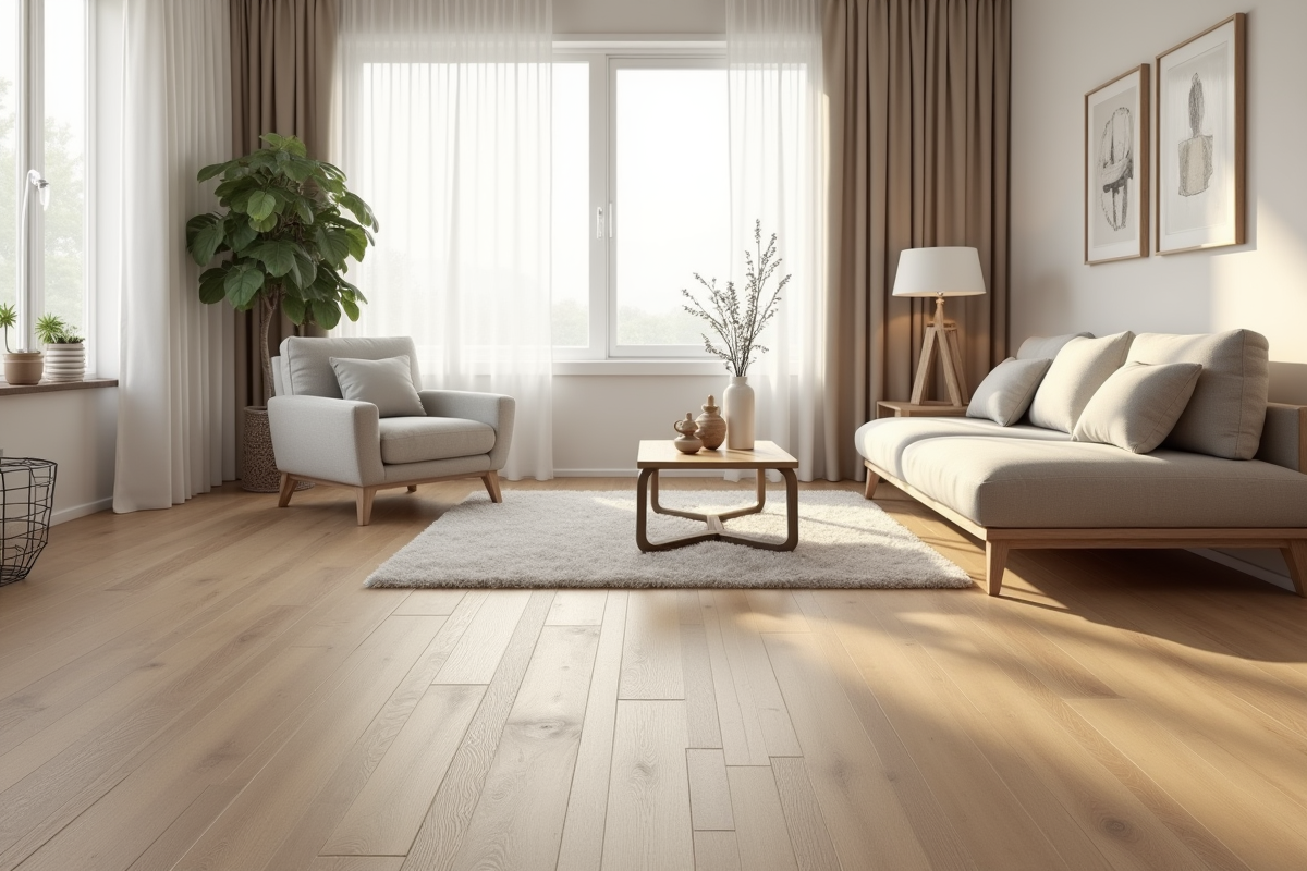 Salon avec sol vinyle aspect bois et tapis neutre