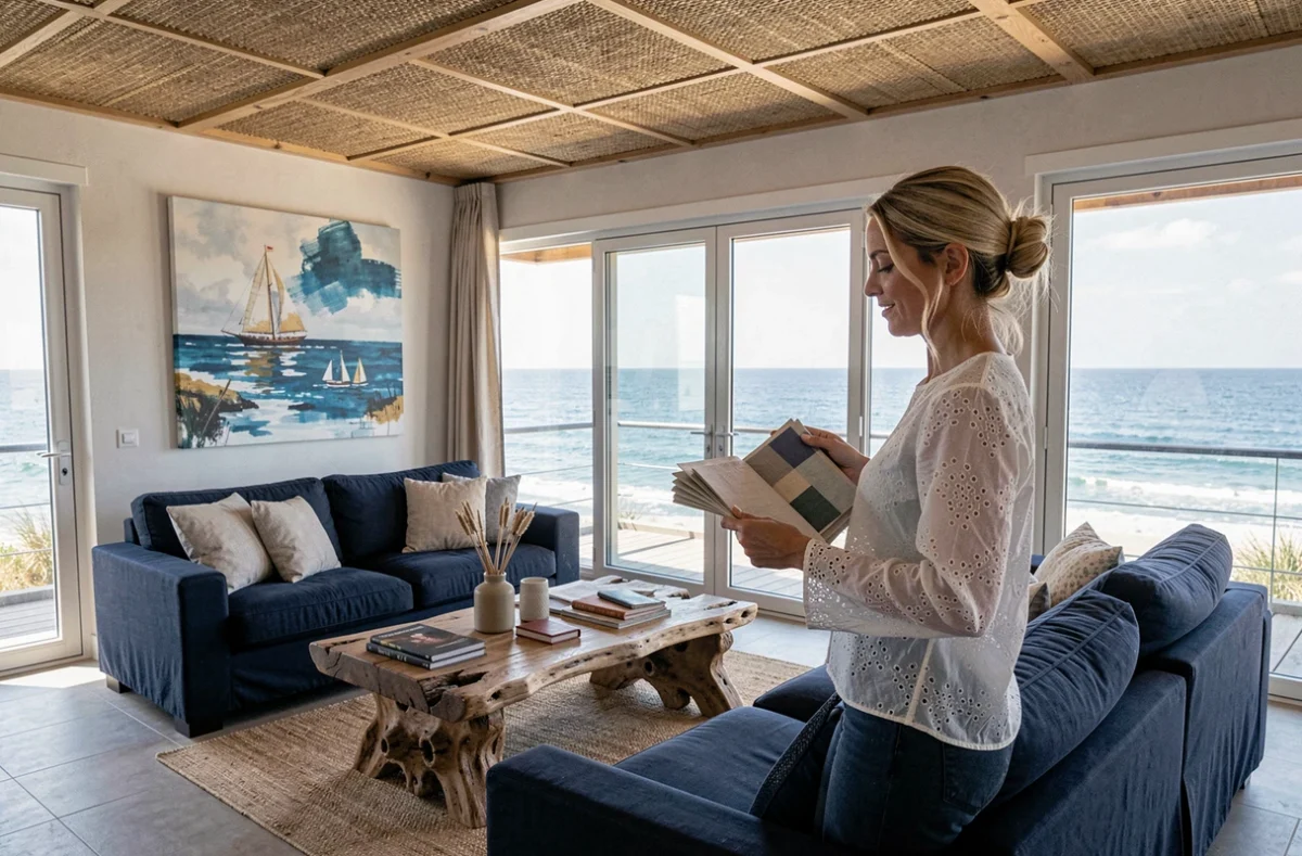 Architecte d'intérieur SSH à Biarritz révisant des échantillons dans un salon balnéaire avec vue panoramique sur l'Atlantique