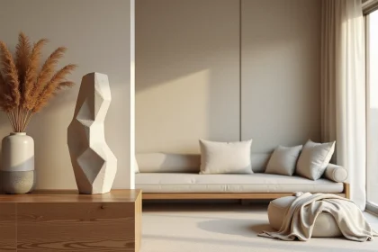 Statue décorative en travertin brut posée sur une console en chêne dans un salon minimaliste aux tons beiges chauds, tendances décoration 2026