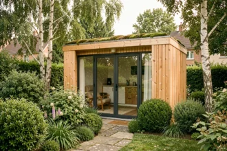 Studio de jardin Greenkub en bois avec toit végétalisé installé dans un jardin pavillonnaire français