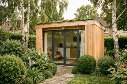 Studio de jardin Greenkub en bois avec toit végétalisé installé dans un jardin pavillonnaire français