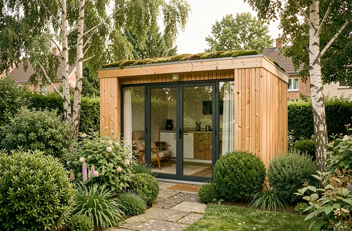 Studio de jardin Greenkub en bois avec toit végétalisé installé dans un jardin pavillonnaire français