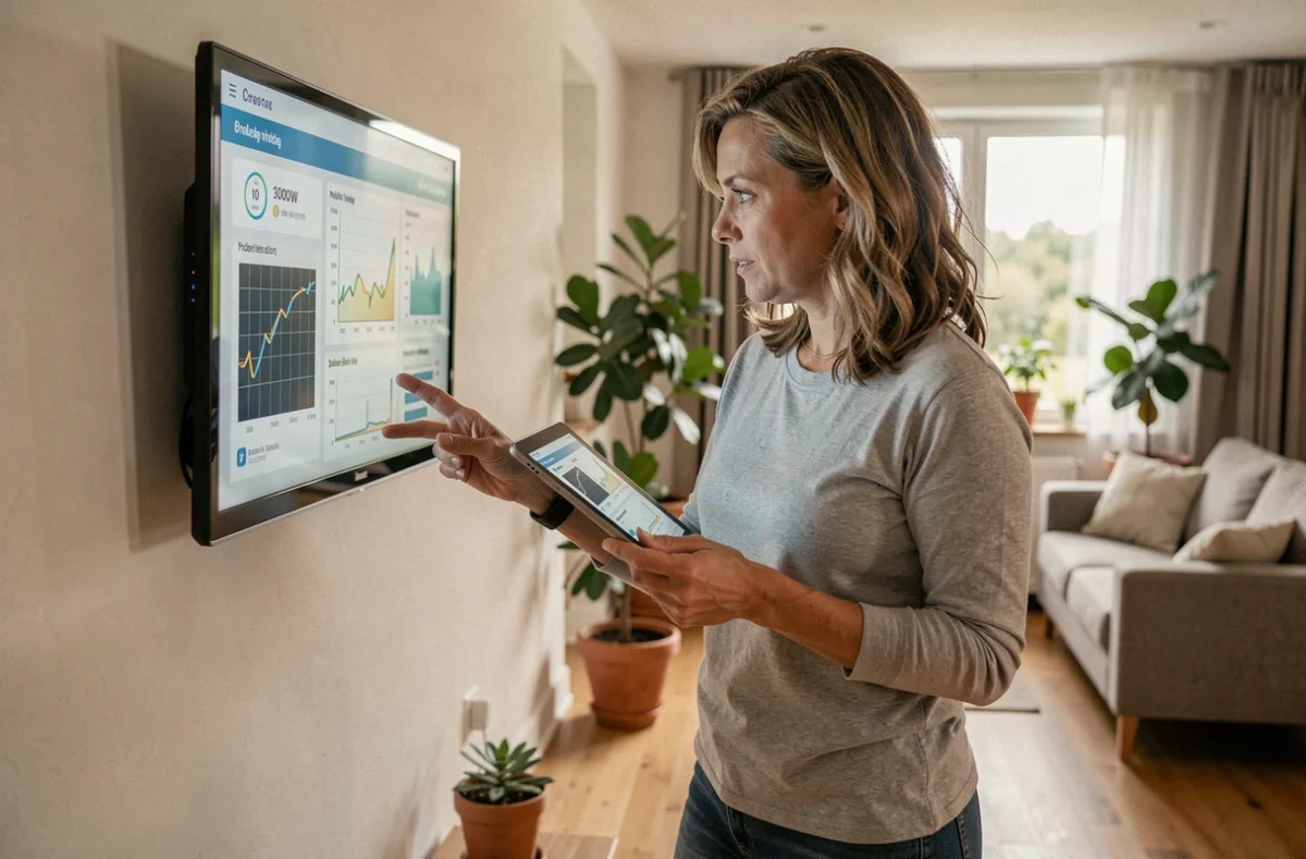 Femme consultant le tableau de bord de son onduleur solaire 3000W dans un salon moderne