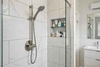 Système de douche à effet pluie Hudson Reed en finition nickel brossé installé dans une salle de bains moderne avec carrelage blanc grand format