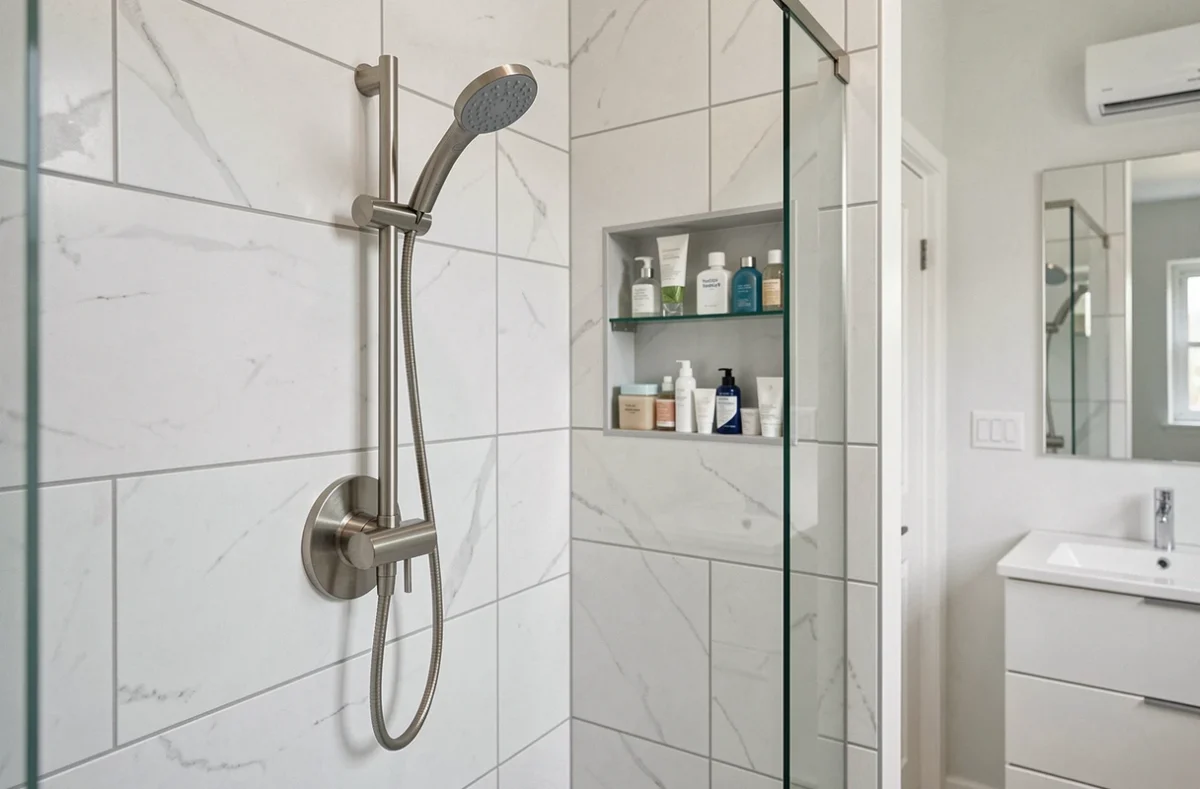 Système de douche à effet pluie Hudson Reed en finition nickel brossé installé dans une salle de bains moderne avec carrelage blanc grand format