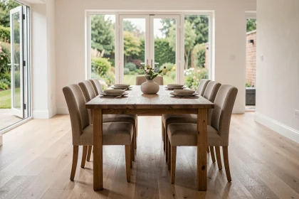 Table rectangulaire 6 personnes centrée dans un salon salle à manger spacieux avec parquet chêne clair et fenêtres donnant sur jardin