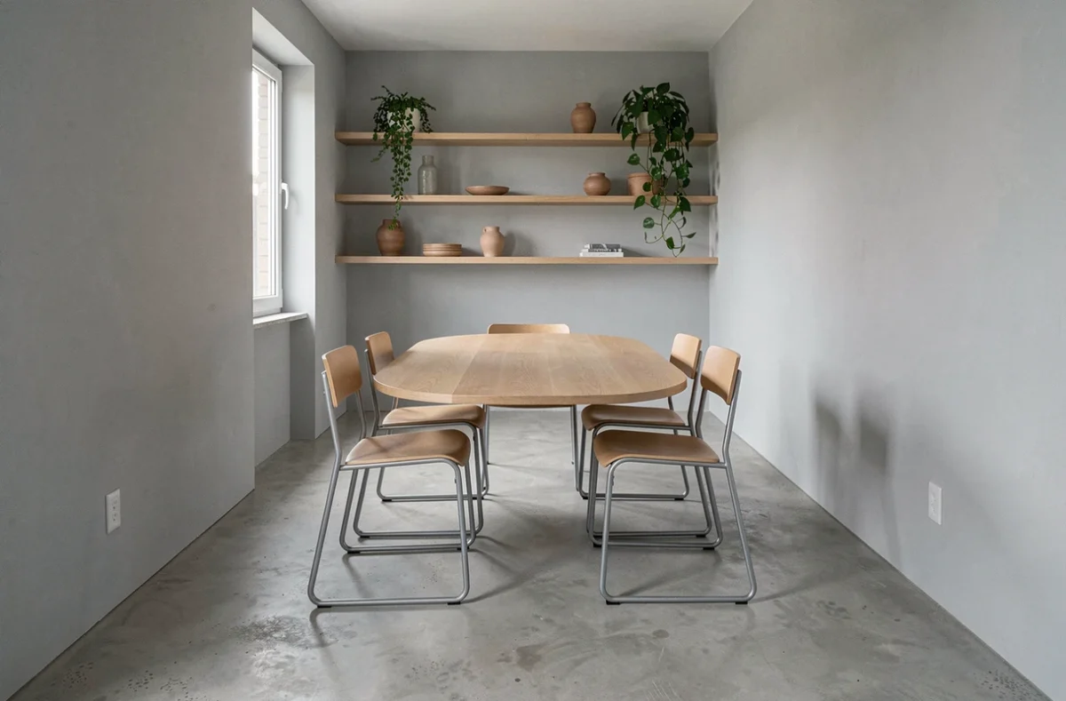 Table ovale 6 personnes positionnée dans une salle à manger rectangulaire étroite avec sol béton et étagères minimalistes