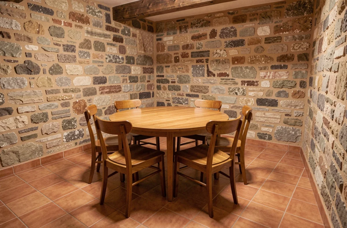 Table ronde 6 personnes dans une salle à manger carrée compacte avec carrelage terracotta et murs en pierre apparente