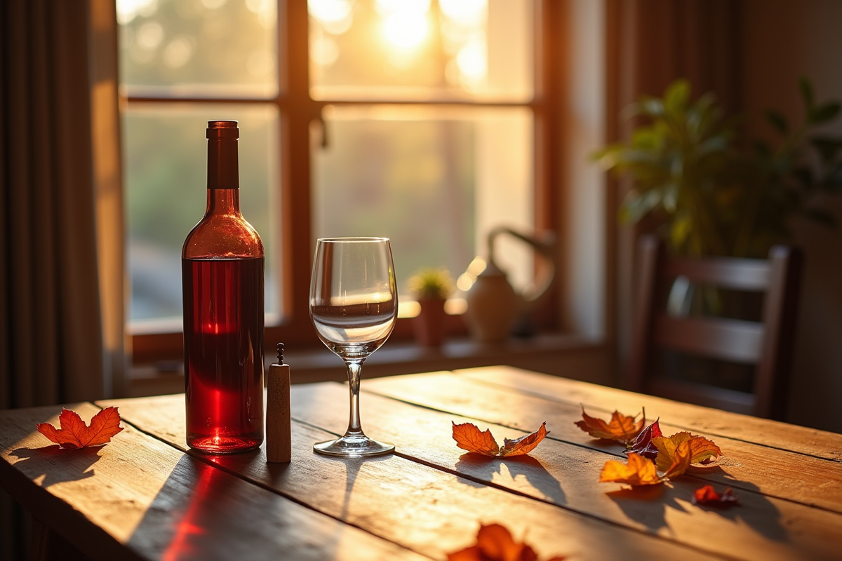 Table en bois avec bouteille de vin et feuilles d automne