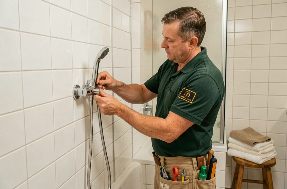 Technicien en uniforme vert entretenant un mitigeur thermostatique dans une salle de bain familiale dans le Tarn
