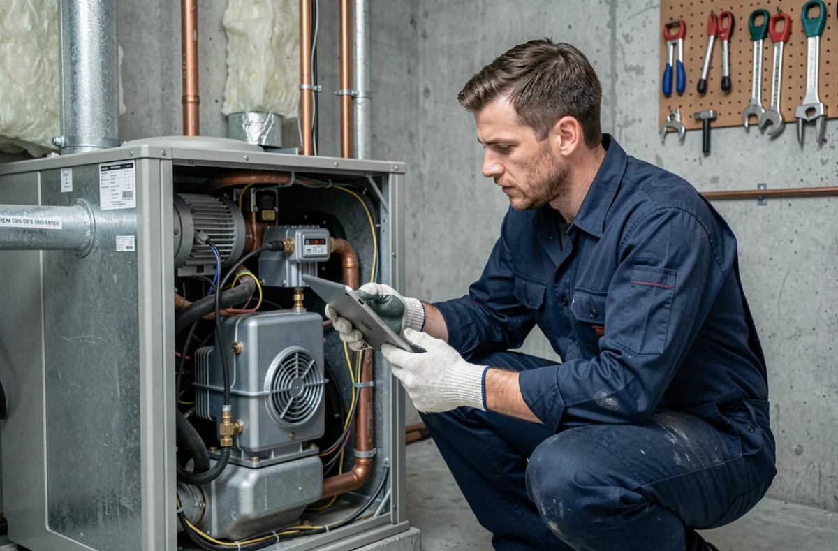 Technicien en chauffage inspectant l'intérieur d'une pompe à chaleur dans une chaufferie avec tablette de diagnostic