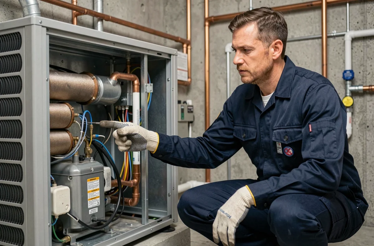 Technicien en chauffage inspectant les composants internes d'une pompe à chaleur air-eau dans une salle technique résidentielle