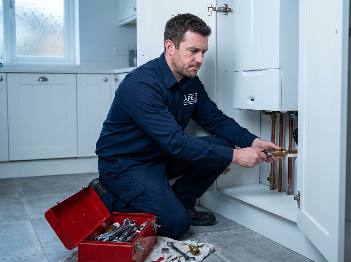 Technicien installant une chaudière à condensation dans un logement lors d'une rénovation du système de chauffage
