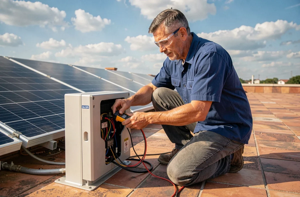 Technicien solaire installant un onduleur 3000W sur un toit avec panneaux photovoltaïques