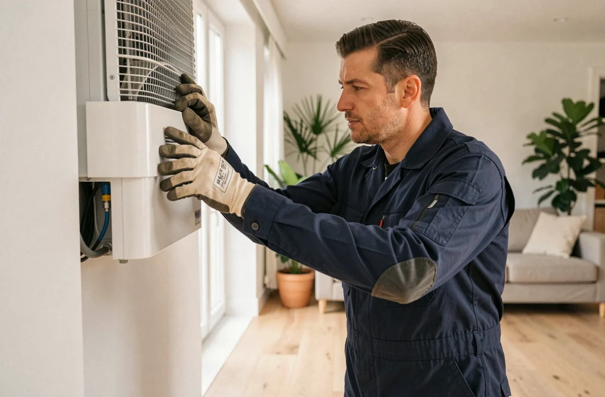 Technicien inspectant une pompe à chaleur air-air installée dans un salon moderne
