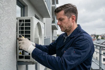 Technicien HVAC inspectant une pompe à chaleur air-eau installée sur la façade d'un immeuble résidentiel urbain