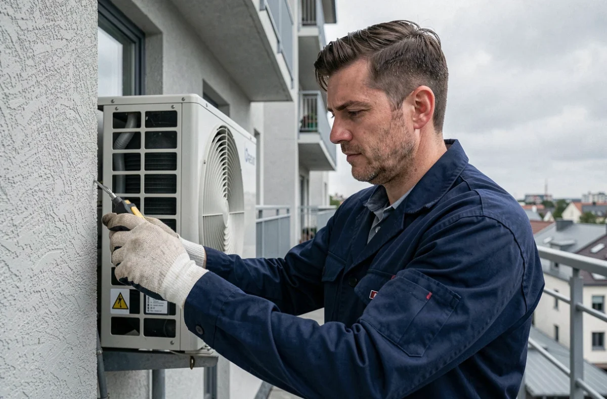 Technicien HVAC inspectant une pompe à chaleur air-eau installée sur la façade d'un immeuble résidentiel urbain