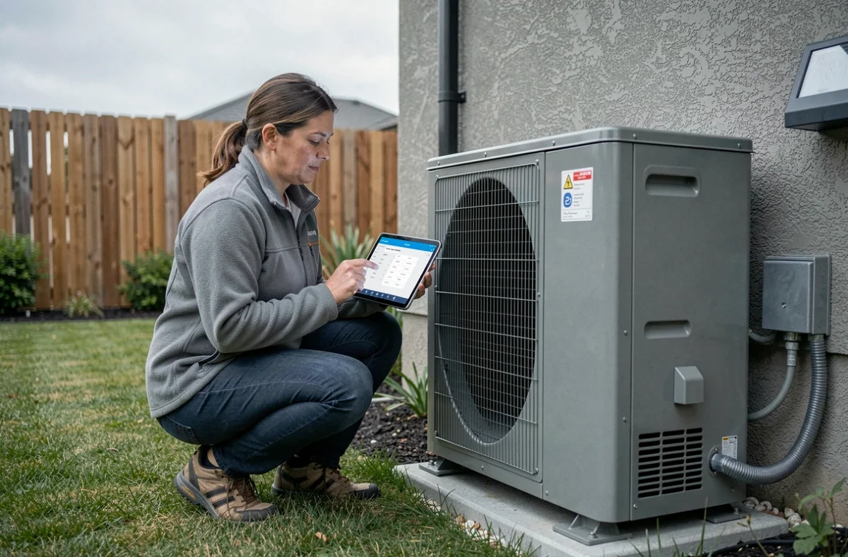 Technicienne HVAC vérifiant le dimensionnement d'une pompe à chaleur air-eau sur tablette à l'extérieur d'une maison