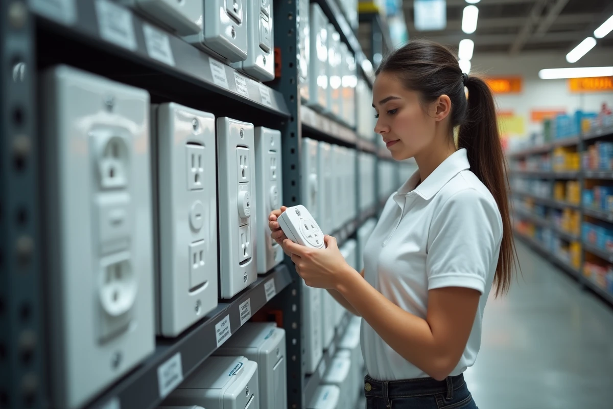 Jeune technicienne comparant prises et trunkings électriques