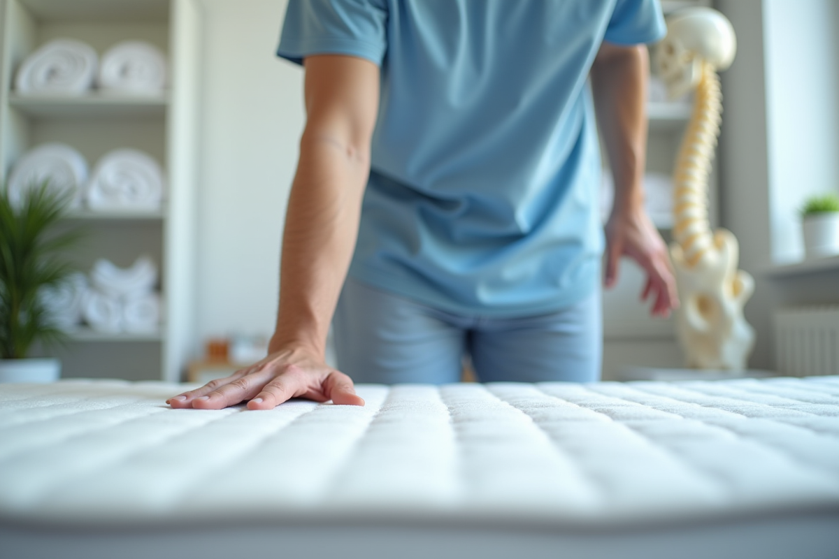 Kinésithérapeute testant un matelas dans une clinique lumineuse