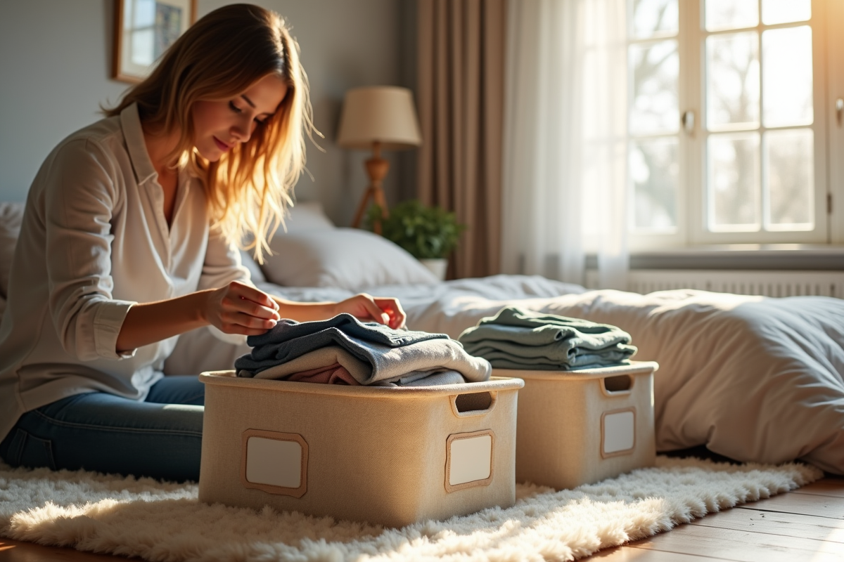 Personne triant des vêtements dans une chambre chaleureuse