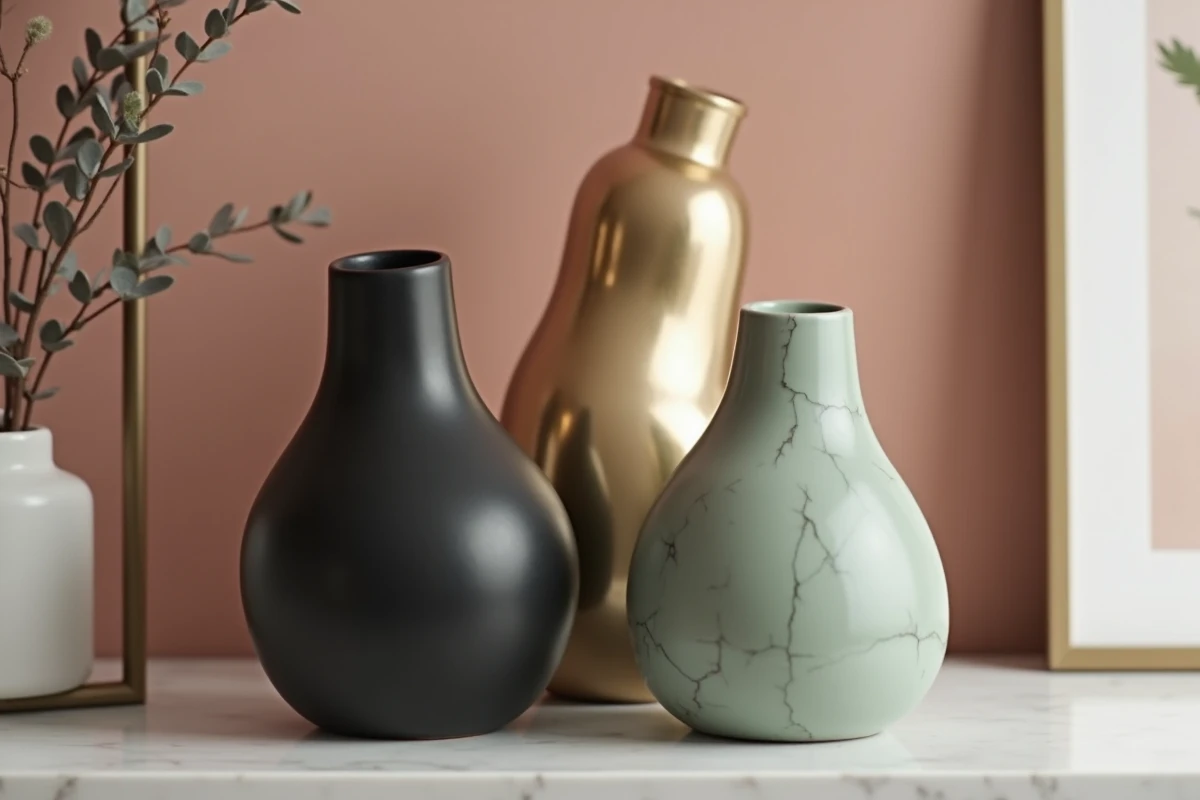 Trio de statues décoratives en céramique noire mate, laiton brossé et grès vert sauge sur une étagère en marbre, styles tendance 2026