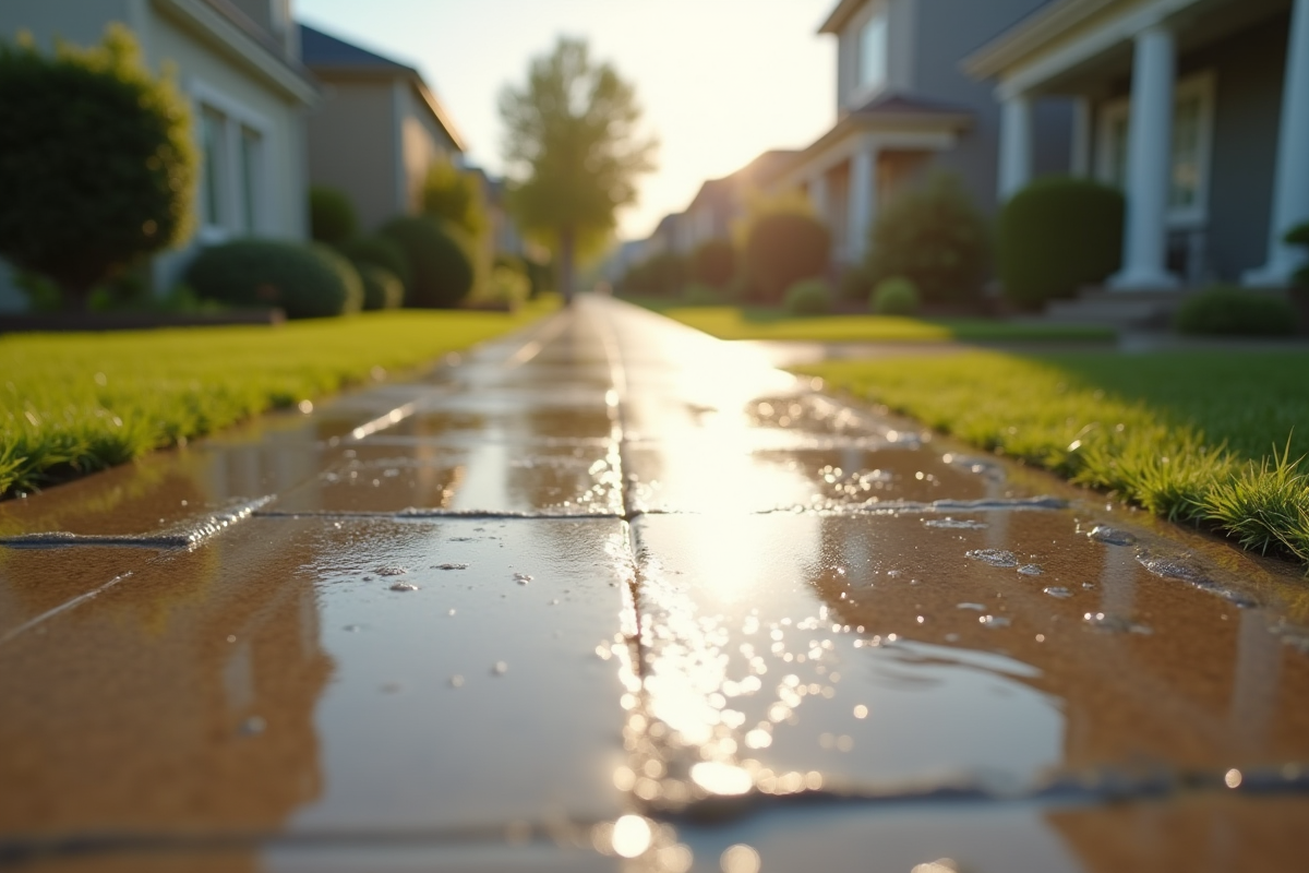 Trottoir fraîchement nettoyé avec reflets du soleil