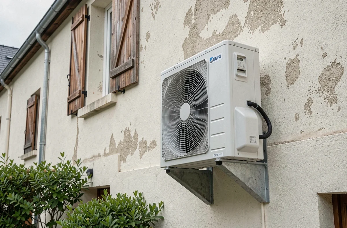Unité extérieure de pompe à chaleur air-air installée sur la façade d'une maison pavillonnaire française