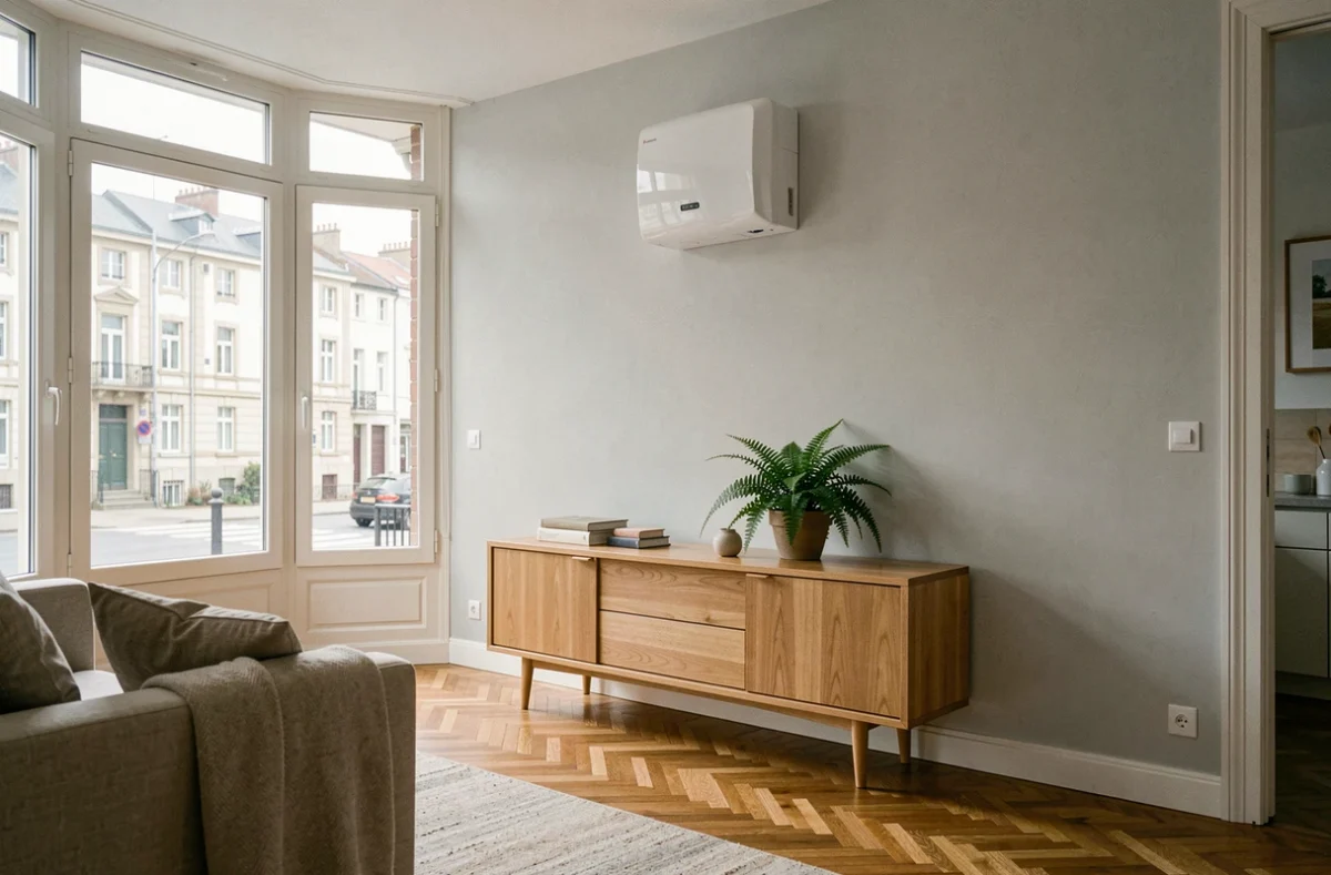 Unité intérieure de pompe à chaleur installée dans un salon moderne à Nantes