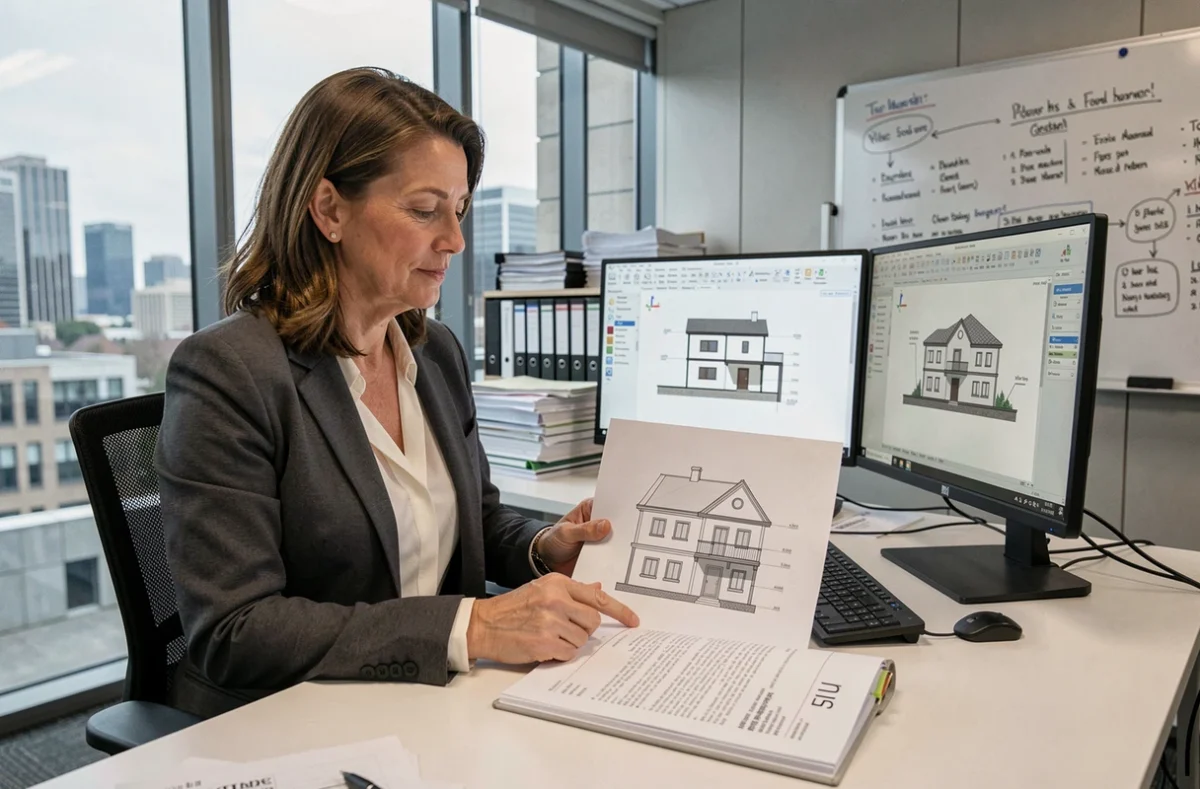 Urbaniste comparant un plan en coupe de maison avec les règles du PLU dans un bureau municipal équipé d'un logiciel CAO