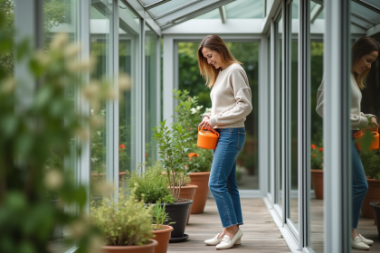 Femme d'âge moyen dans une véranda moderne arrosant des plantes