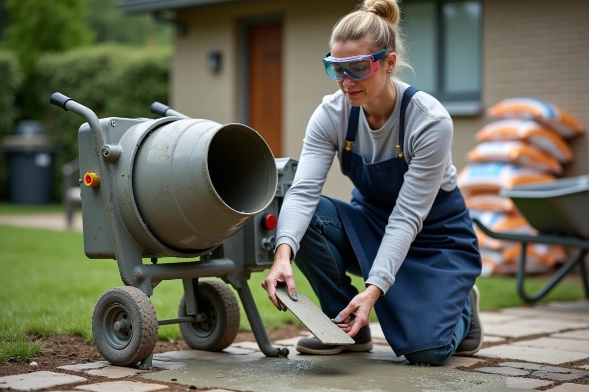 Femme bricoleur vérifiant la consistance du béton frais avec une truelle près d'une bétonnière