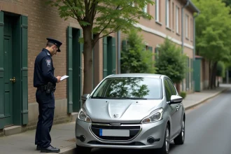 Voiture garée sur le trottoir devant une maison avec un agent de police municipale rédigeant un procès-verbal