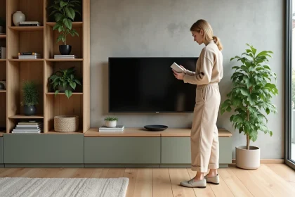 Femme élégante dans un salon scandinave moderne