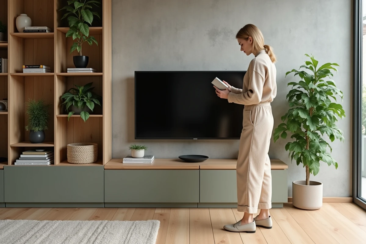 Femme élégante dans un salon scandinave moderne